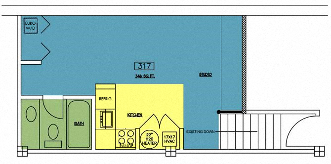 Floor plan for studio, 1 bath, 346 sqft